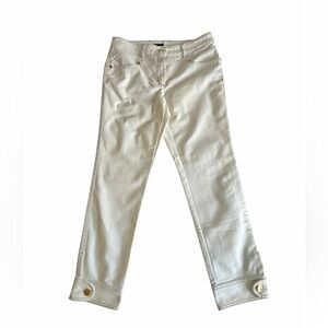 Escada White Pants 38 US 6 Ankle Slim Fit Stretch Gold Button Designer Trousers